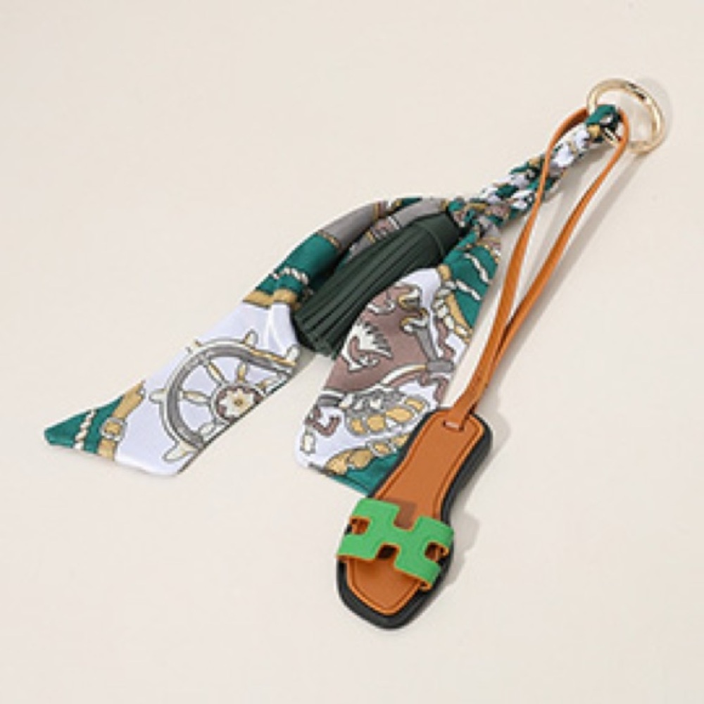 H Green Slide Fashion Bag Charm Luxury Keychain with matching green silk scarf
